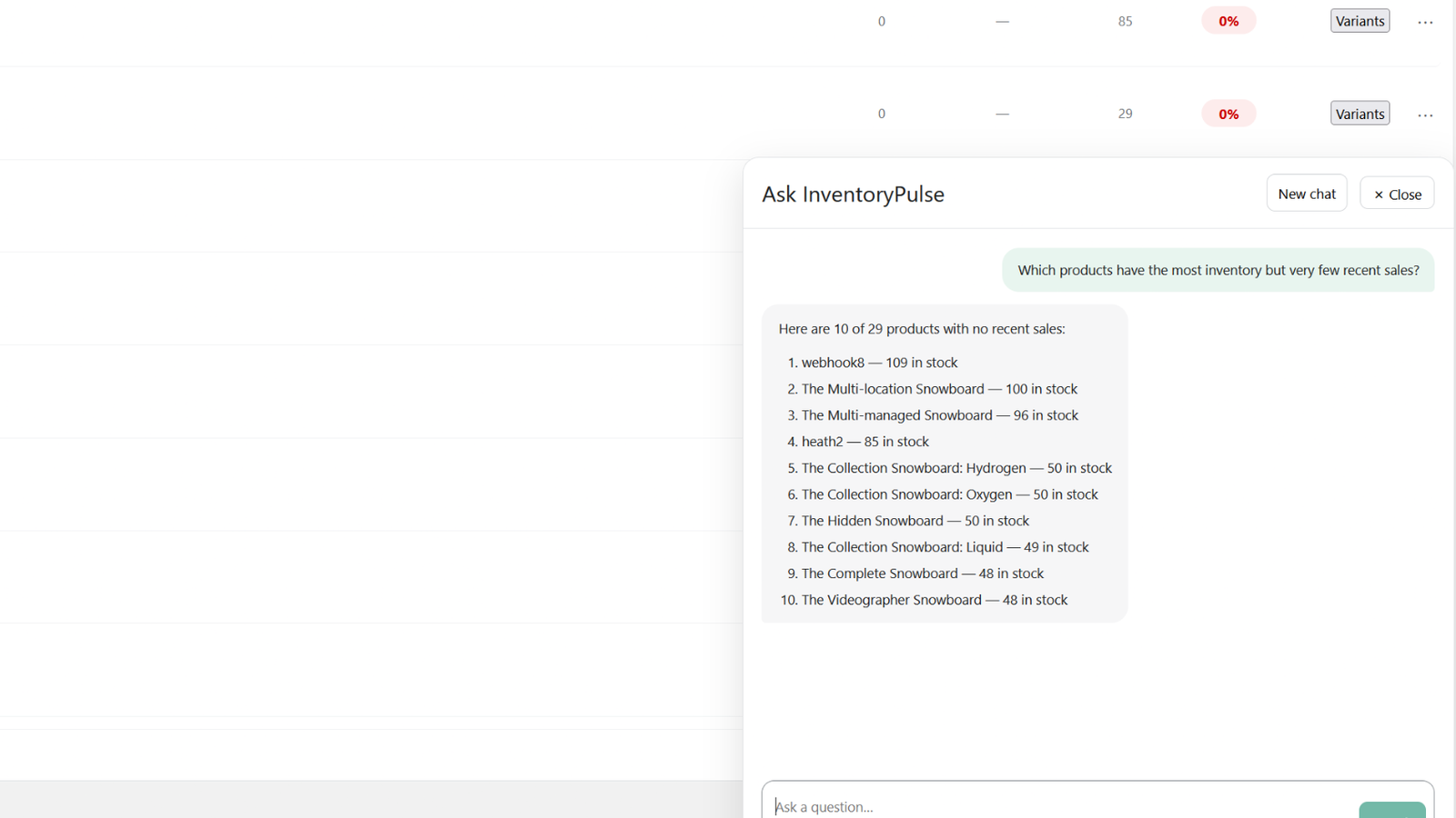 Ask InventoryPulse displaying an inventory question and data-based response