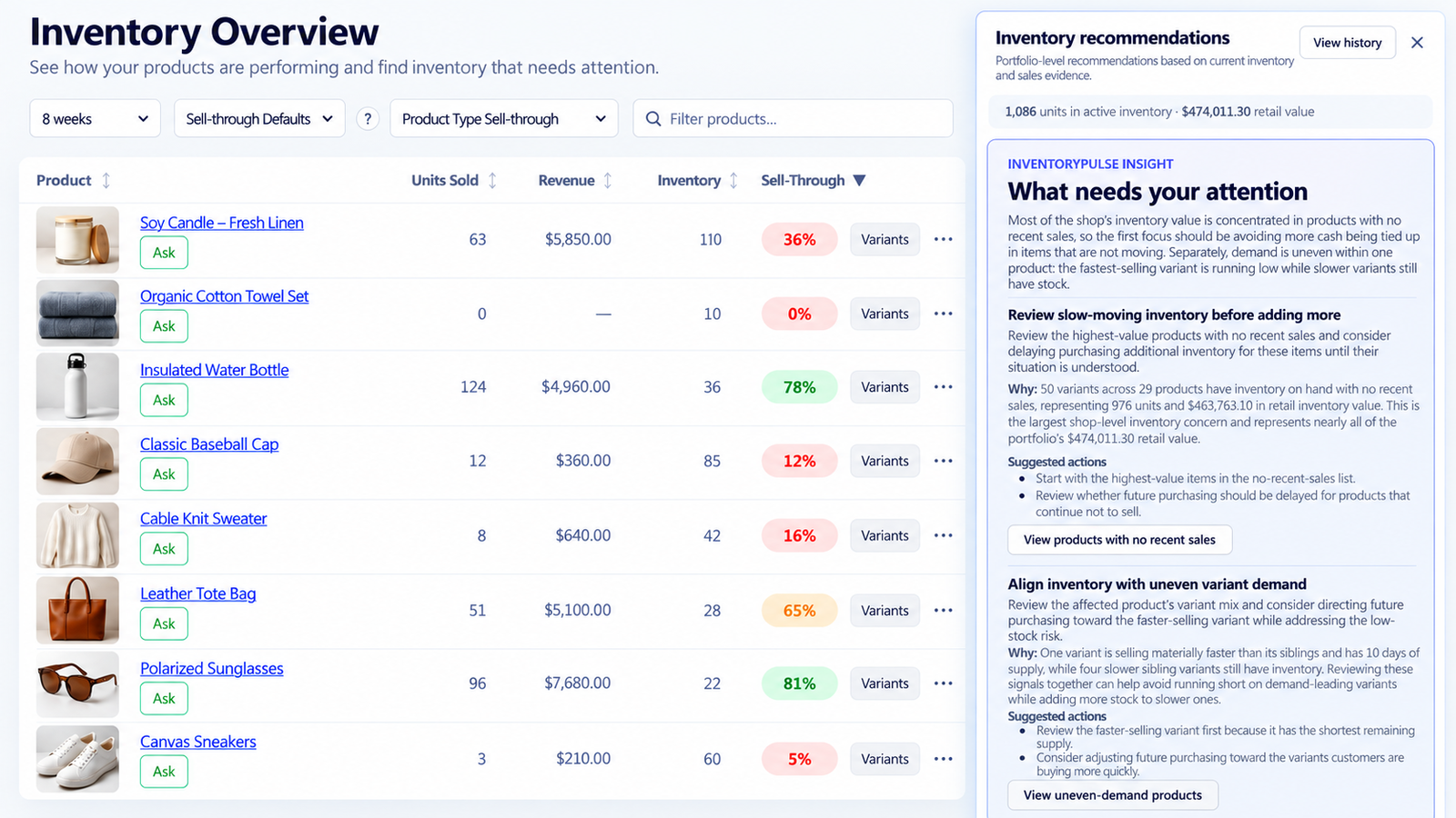 InventoryPulse inventory dashboard with product-level sales and stock metrics